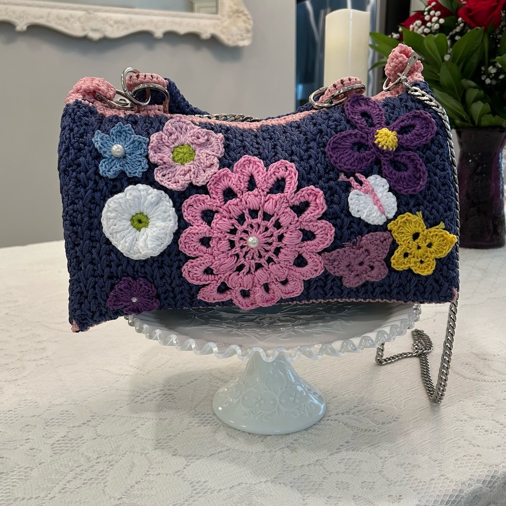 Bohemian Blue and Pink Crochet Shoulder Bag